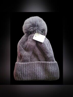 Gray Knit Pom-Pom Beanie with Warm Lining - Ski Hat